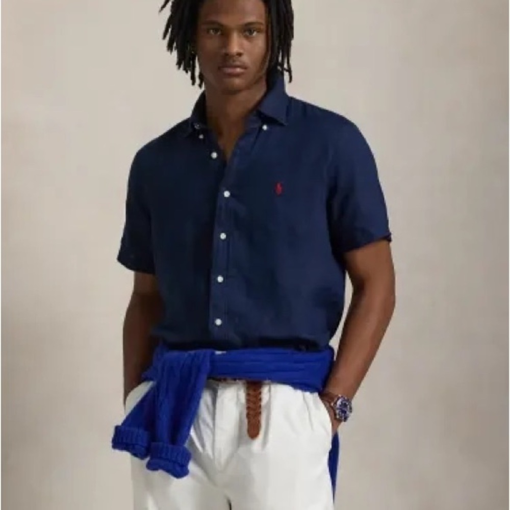 R1-32 NWT Size L Ralph Lauren Men's Classic Fit Linen Shirt Short Sleeve NAVY